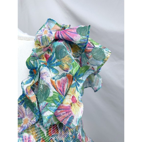 ASTR The Label XL Green Pink Blue Floral Smocked Sleeveless Dress Flutter Sleeve - Picture 6 of 12